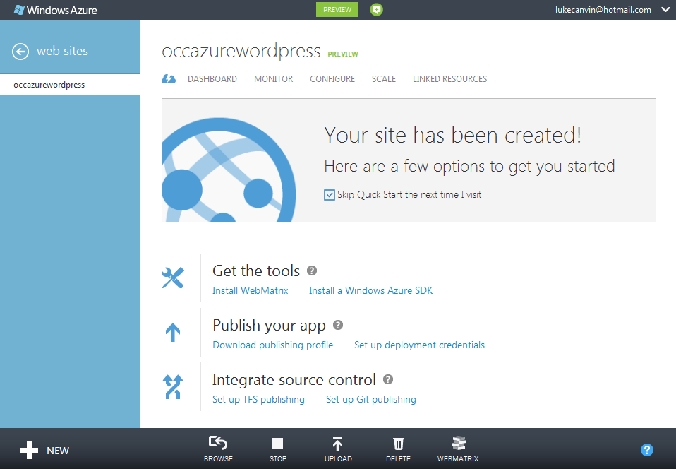 Azure website startup screen