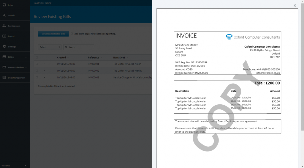 ContrOCC Billing with PDF bill