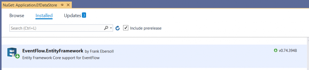 NuGet package manager showing EventFlow.EntityFramework v0.74.3948 installed