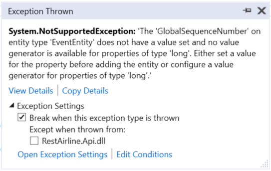 System.NotSupportedException message regarding GlobalSequenceNumber on entity type EventEntity