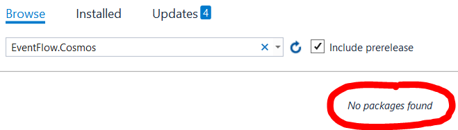 NuGet package manager showing no packages found for EventFlow.Cosmos