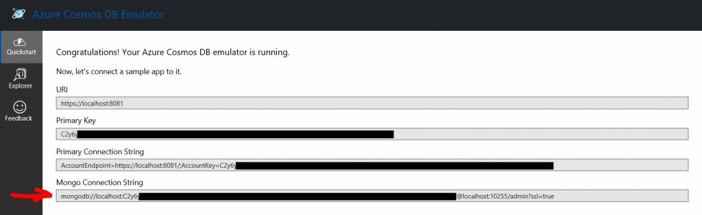 Azure Cosmos DB emulator showing Mongo Connection String