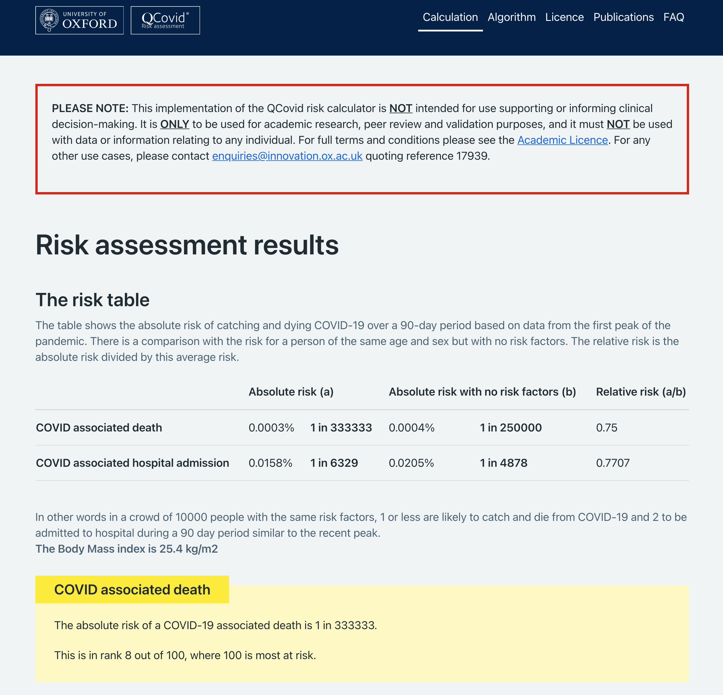 QCovid risk assessment results page example