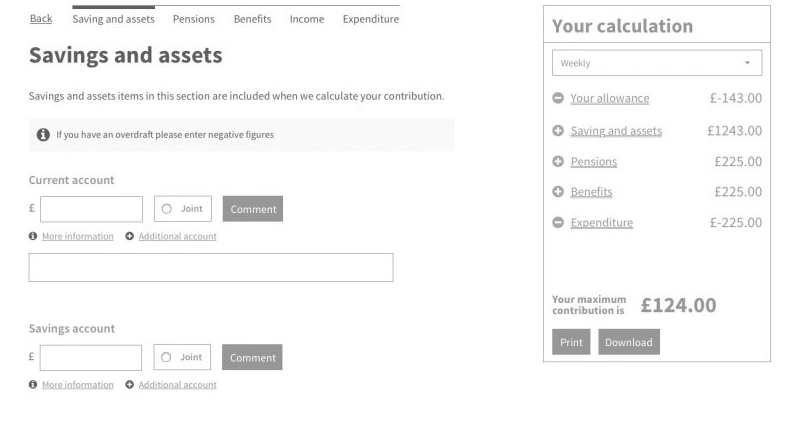 Wireframe for the online financial assessment