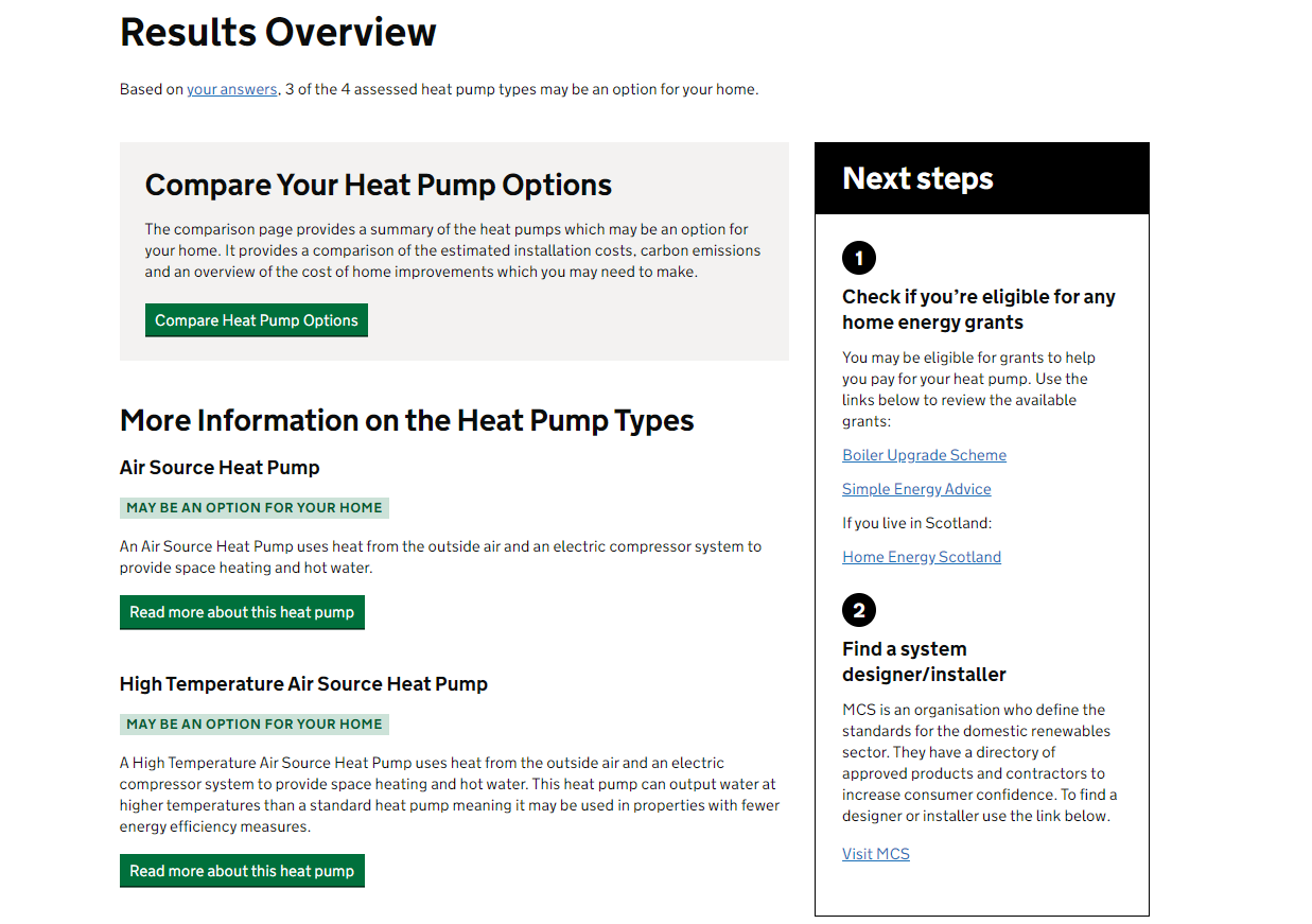 Results page from heat pump check service