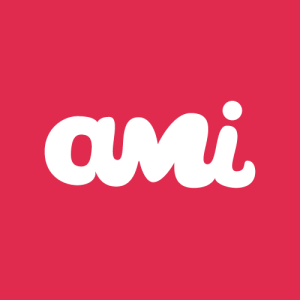 The ami logo, dark red background with ami in white text