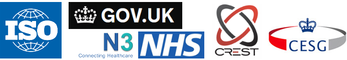 Logos of ISO, NHS, GOV.UK, CREST & CHECK